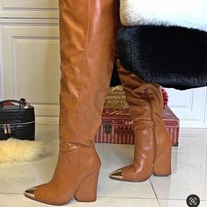 Tan gold cap toe wedge boots size 10